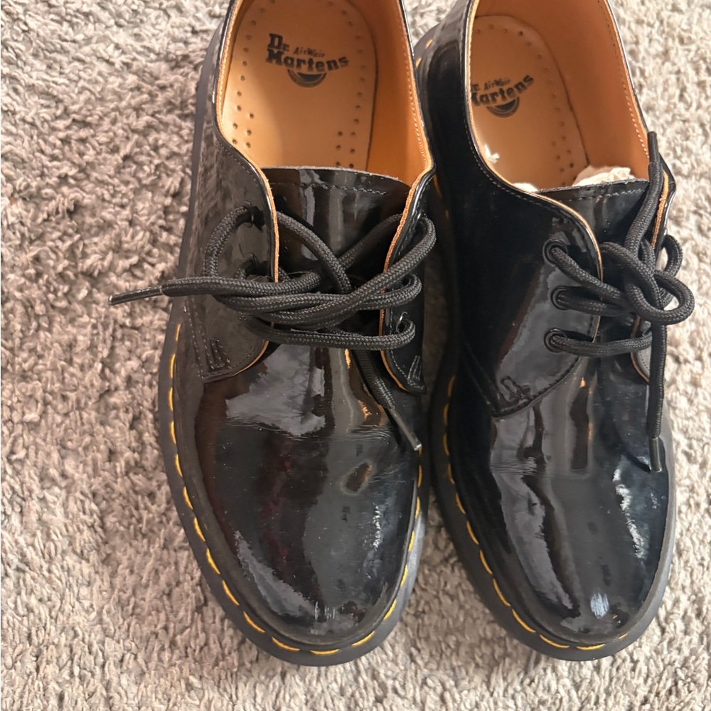 Dr. Martens Black Patent Lace-Up Shoes with Yellow Stitching oxfords
